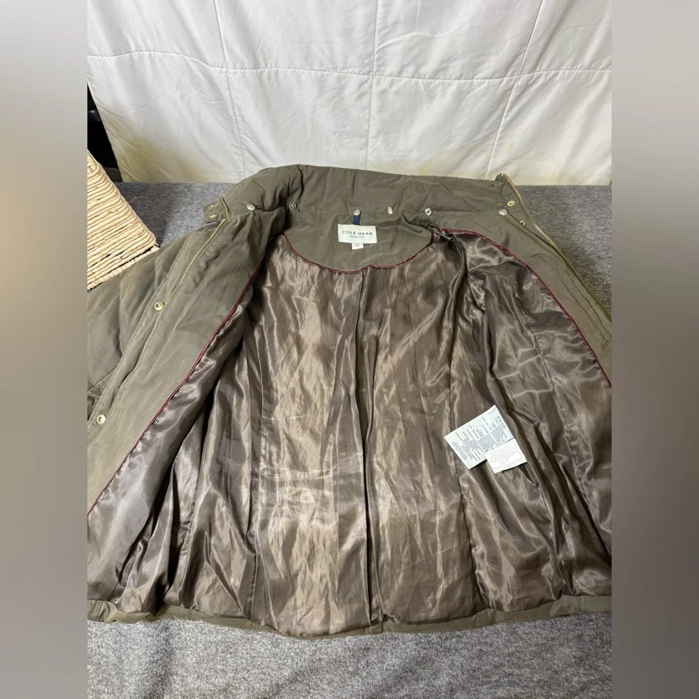 Cole Haan Signature Olive Down Puffer Jacket XS | Gold Zip Hooded‎ Quilted Coat